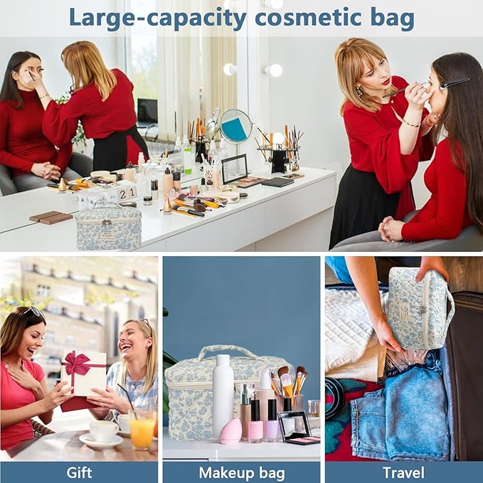Large Travel Quilted Makeup Bag for Women,Big Floral Cotton Cosmetic Bag, Cute Coquette Aesthetic Floral Toiletry Organizer Bag (Blue Flower)