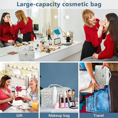 Large Makeup Bag, Cute Cosmetic Bag for Women Girls, Floral Coquette Aesthetic Toiletry Bag, Travel Make Up Organizer Bag (Rose Plaid Pattern)