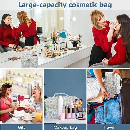 Large Makeup Bag, Cute Cosmetic Bag for Women Girls, Floral Coquette Aesthetic Toiletry Bag, Travel Make Up Organizer Bag (Pink Plaid Butterfly Flower）
