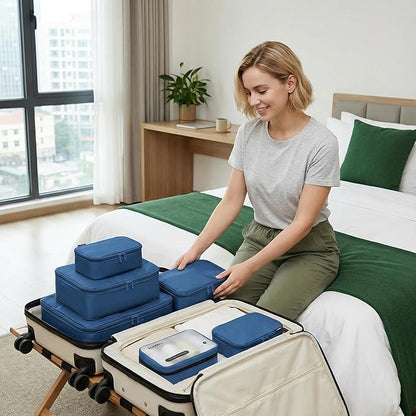 Compression Packing Cubes for Travel, 6-Piece Set (L/M/S), Double-Zip Luggage Organizers with Mesh Panels, Space-Saving Clothes Storage Bags for Suitcase & Carry-On (6 Pack, Dark Blue)