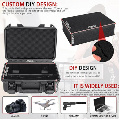 Hard Case with IP67 Waterproof Shockproof Tool Box for Microphone, Drones, Camera, Equipments, Portable Storage Case, 14 x 10.6 x 6.3 Inch