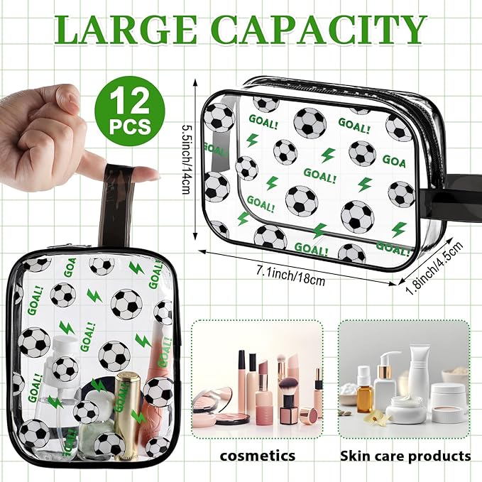 12 PCS Soccer Gift Accessories Bags Soccer Cosmetic Bags Goodie Snack Makeup Pouch Bag Waterproof Clear PVC Travel Bag with Zipper for Girls Team Gifts Valentine Player Sport Party Favors