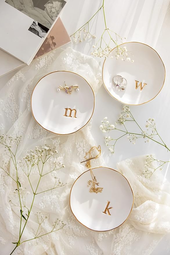 COLLECTIVE HOME - Ceramic Jewelry Tray, Decorative Trinket Dish for Rings Earrings Necklaces Bracelet Watch Keys, Birthday Mother's Day Christmas Gift for Women, 4.75", White Surface (D)