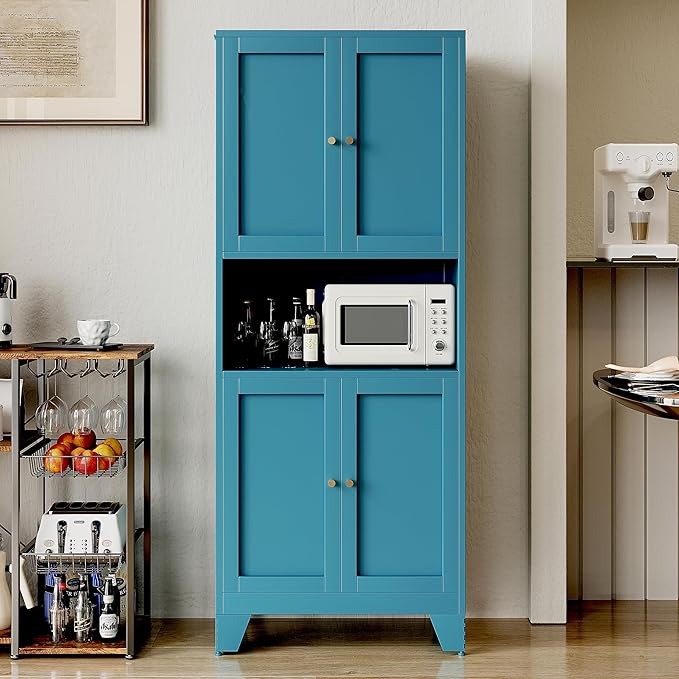 69" Tall Metal Kitchen Pantry Storage Cabinet with Microwave Stand | White | Modern Freestanding Food Buffet Cabinet | Kitchen Hutch | Coffee Bar Hutch for Dining & Living Room
