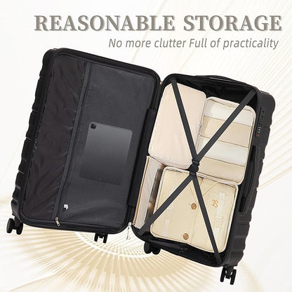 Campfun 3 Piece Luggage Sets, ABS Suitcase Set with Double Spinner Wheels Hang Hook, Durable Carry On Luggage with Combination Lock, 20/24/28 inch, Black