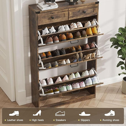 Shoe Cabinet with 3 Flip Drawers & 2 Drawers,Freestanding Shoe Storage Cabinet for Entryway,Farmhouse Narrow Slim Organizer Rack for Foyer,Hallway,Rustic Brown