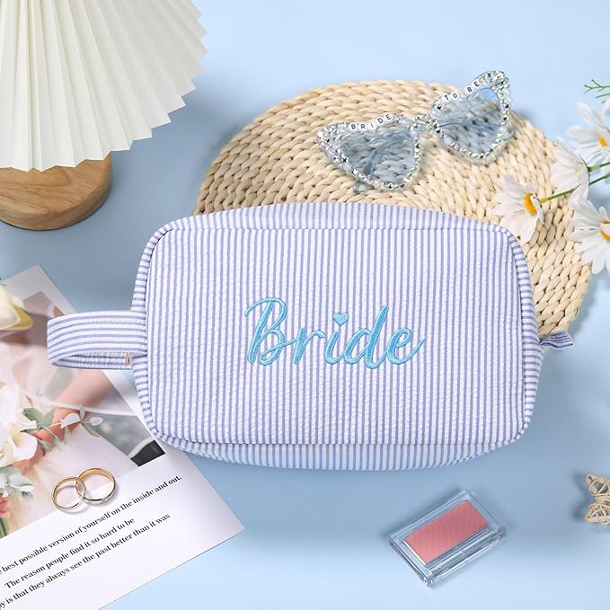 Etercycle Bride Makeup Bag, Blue Striped Cosmetic Bag Embroidery Bridal Shower Gifts, Large Travel Make Up Bags with Inside Pockets Toiletry Bag for Women Wedding Engagement Bachelorette Party