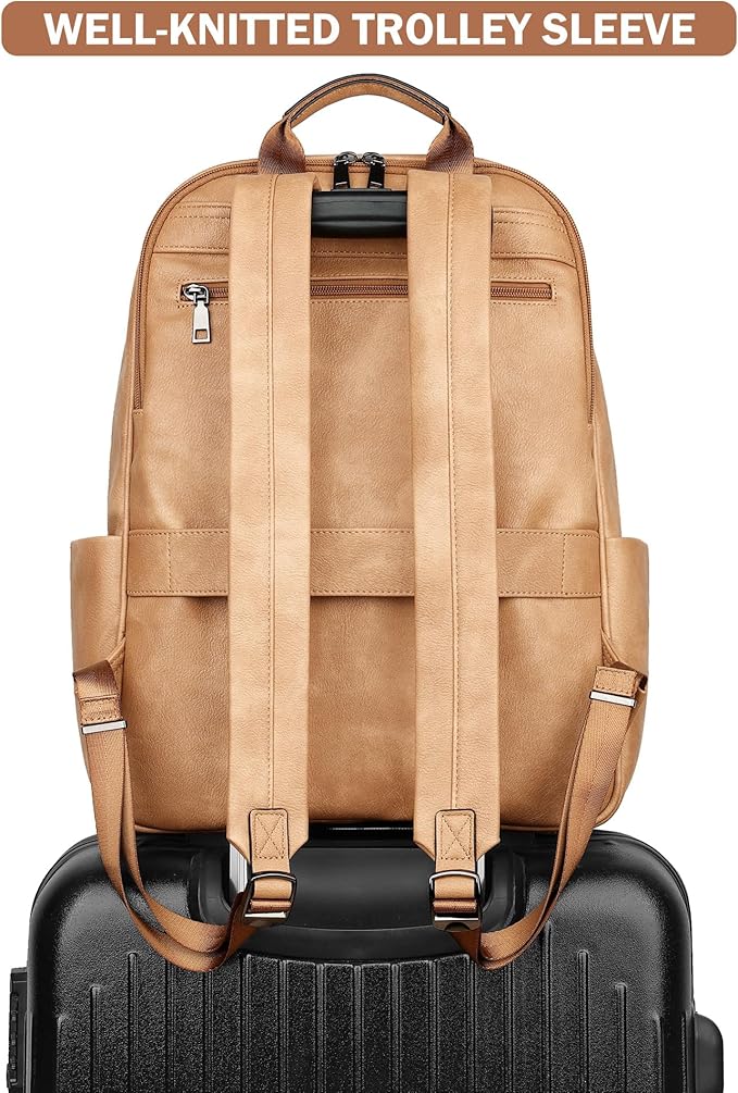 MASINTOR 15.6 inch Leather Laptop Backpack Purse for Women, Designer Travel and Work Bag with Laptop Compartment Retro Camel
