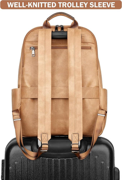 MASINTOR 15.6 inch Leather Laptop Backpack Purse for Women, Designer Travel and Work Bag with Laptop Compartment Retro Camel
