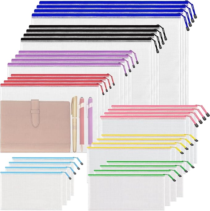 32 Pack Mesh Zipper Pouch Bags, 8 Size Mesh Storage Bags, Waterproof Document Mesh Bags, Zipper Bags for Organizing Office School Supplies, Toys, Cosmetics Travel Storage(8 Colors 13''×9.5'')