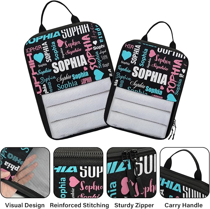 Personalized 6 Set Compression Packing Cubes for Travel Essentials with Name Customized Lightweight Carry on Expandable Luggage Organizer Bags for Women and Men, Black