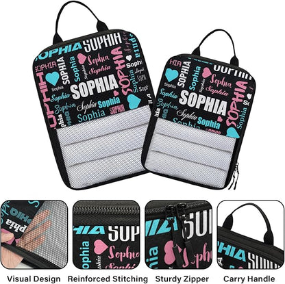 Personalized 6 Set Compression Packing Cubes for Travel Essentials with Name Customized Lightweight Carry on Expandable Luggage Organizer Bags for Women and Men, Black