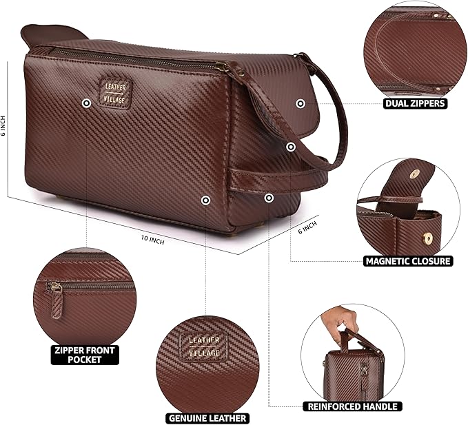 LEATHER VILLAGE Premium Carbon Fiber Genuine Leather Travel Toiletry Bag - Large Dopp Kit, Water-Resistance Bathroom & Shaving Organizer for Men & Women - Brown