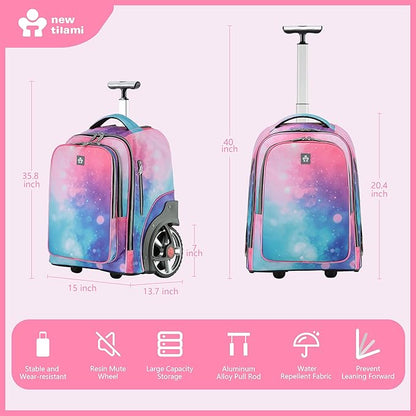 NEW TILAMI 20" Rolling Backpack for Teens Adults, Climbing Stairs Waterproof Backpack with Wheels for School Business Trave Camping with Laptop Compartment, Fit 17 Inch Laptop, Pop Gradient