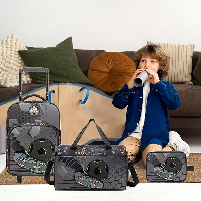 Kids Football Luggage with Wheels Suitcases Travel Softside Suitcases 16" Carry on Suitcase with Duffle Bag Luggage Sets Airline Approved