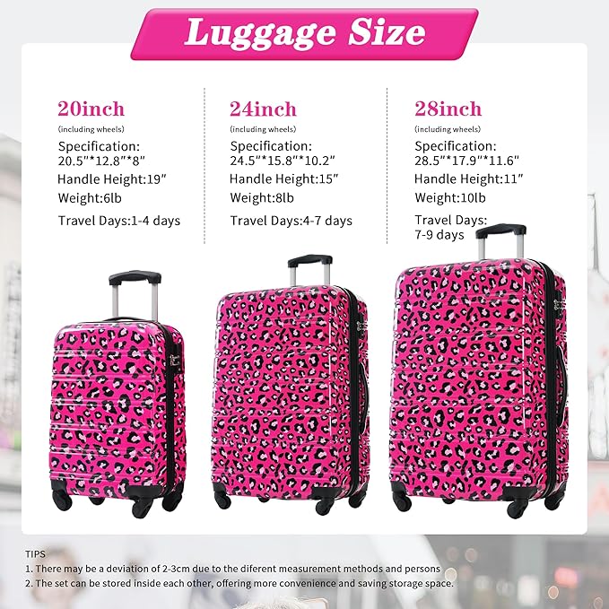 Campfun Luggage Set 3 Piece, Carry On Luggage Set 20/24/28 Inch, Expandable PC Hardshell Suitcase with Spinner Wheels, Lightweight Suitcase with TSA Lock, Hot Pink Leopard