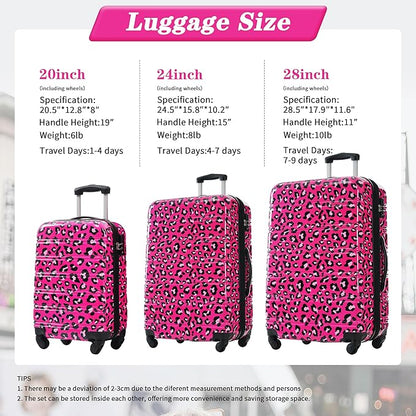 Campfun Luggage Set 3 Piece, Carry On Luggage Set 20/24/28 Inch, Expandable PC Hardshell Suitcase with Spinner Wheels, Lightweight Suitcase with TSA Lock, Hot Pink Leopard