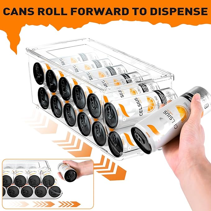 4 Pack Skinny Can Organizer for Refrigerator, Stackable Tall Skinny Soda Pop Can Holder Dispenser with Lid for Fridge Pantry Rack Freezer, Clear Plastic Storage Bins-Holds 12 Slim Cans Each