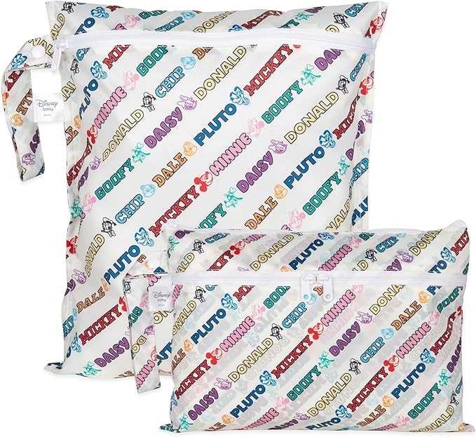 Bumkins - Waterproof Wet Bag & Wet/Dry Clutch Bags - For Beach, Baby, Travel, Swim Suit, Cloth Diapers, Pump Parts, Pool, Gym, Toiletries - Reusable & Easy to Clean - Mickey and Friends White - 2 Pack
