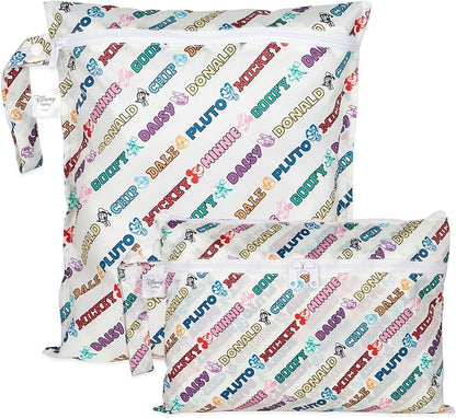 Bumkins - Waterproof Wet Bag & Wet/Dry Clutch Bags - For Beach, Baby, Travel, Swim Suit, Cloth Diapers, Pump Parts, Pool, Gym, Toiletries - Reusable & Easy to Clean - Mickey and Friends White - 2 Pack