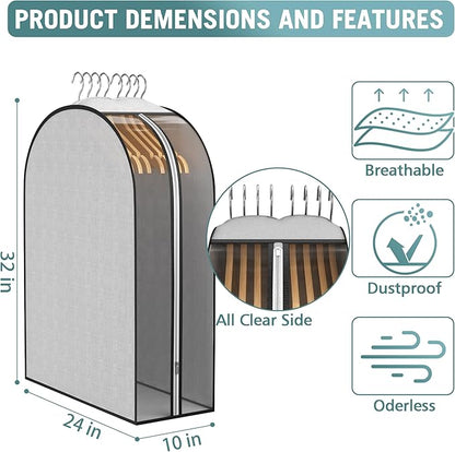 10" Gusseted Garment Bags for Hanging Clothes 32" Suit Bags for Open Closet Storage, Side Clear Clothing Cover for Coat, Dress, Jacket, Shirt, Fur Wardrobe Protector, 3 Packs, Grey