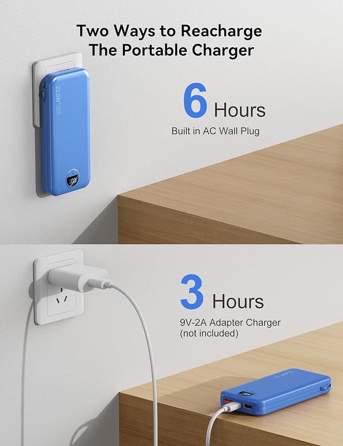 12000mAh Ultra-Portable-Charger-Power-Bank with Built in Cables&AC Wall Plug,PD20W USB-C Fast Charging Cell Phone Charger Battery Pack,LED Display Travel Battery Bank for All iPhone,Samsung,Android