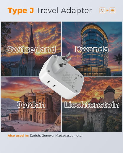 Switzerland Travel Plug Adapter 2 Pack, TESSAN Type J Switzerland Power Adapter with 4 Outlets 3 USB (2 USB-C), Swiss Plug for US to Rwanda Jordan Liechtenstein Madagascar, Travel Essentials
