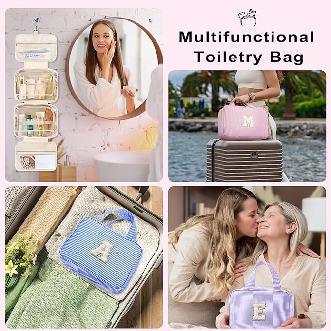 TOPEAST Hanging Toiletry Bag for Women - Travel Toiletry Bag Makeup Bag, Portable Toiletries Travel Bag and Cosmetic Bag, Airplane Travel Essentials - Letter C, Blue
