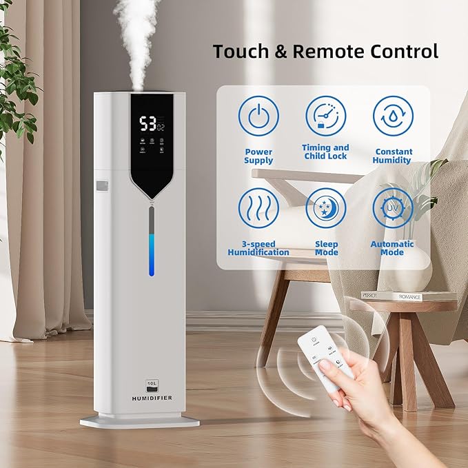 10L/2.6Gal Smart Humidifiers for Bedroom Large Room up to 600ft², 100H Runtime Cool Mist Top Fill, Ultra Quiet 30dB, Auto Control, Perfect for Bedroom, Office, Baby, White
