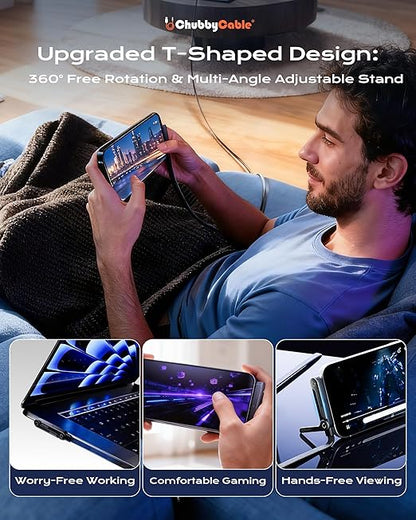 chubbycable StandLite 240W Braided Fast Charge Cable with Built-in Phone Stand T-Shaped Foldable Durable USB-C Cord 90 Degree USB C Cable Right Angle Multi-Functional Charger Cord, Black, 4.9FT