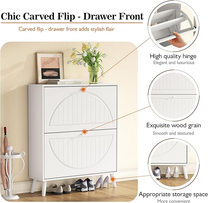 Slim Shoe Cabinet with 2 Flip Drawer,Modern White Shoe Organizer with Adjustable Shelves, Stylish Narrow Shoe Cabinet Storage for Entryway Hallway Bedroom Living Room