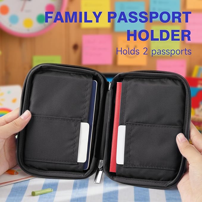 WALNEW Passport Holder for Travel - RFID Blocking Travel Wallet Essentials Organizer with Card Slots & Zipper Pocket (Women/Men), Black