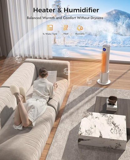 Space Heater with Humidifier - Portable Tower Heaters for Indoor Use, Remote, Adjustable Thermostat, 3 Heat Modes, Multiple Safety Protection, 12H Timer, Quiet Electric Heater for Bedroom