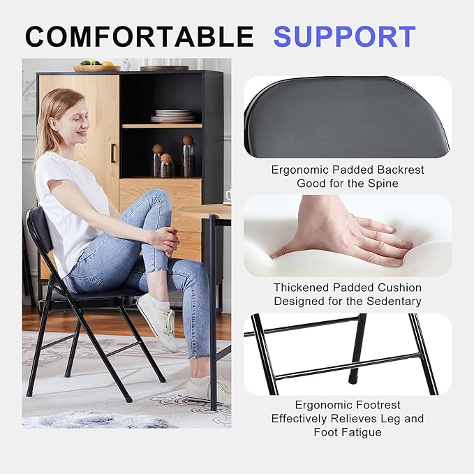 Folding Chairs 8 Pack, Portable Stackable Commercial Chair, Indoor Outdoor Padded Leather Chair with Sturdy Metal Frame, for Home, Office, or Party Events. (Black, 8 Pack)