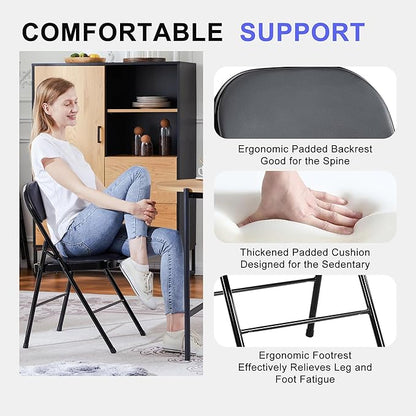 Folding Chairs 2 Pack, Portable Stackable Commercial Chair, Indoor Outdoor Padded Leather Chair with Sturdy Metal Frame, for Home, Office, or Party Events. (Black, 2 Pack)
