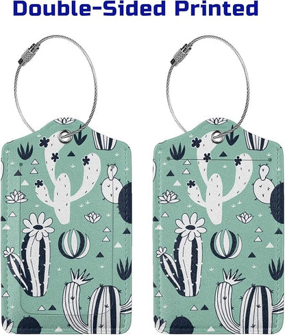 2 Pack Cute Cactus Green Suitcase Tags Identifiers Unique Leather Luggage Tags with Stainless Steel Loop Privacy Cover ID Label for Women Men Girls Boys Travel