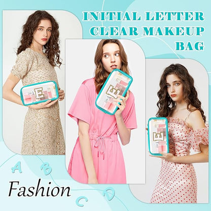 Personalized Initial Letter Clear Makeup Bag,Preppy Small Nylon&PVC Cosmetic Zipper Bag with Chenille Letter,Portable Beach Travel Skincare Toiletry Bag,Trendy Monogram Gift for Teen Girls Women,E
