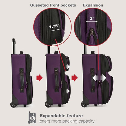 U.S. Traveler Rio Lightweight Softside Rolling Carry-on Suitcase, 2-Wheel Set, Purple
