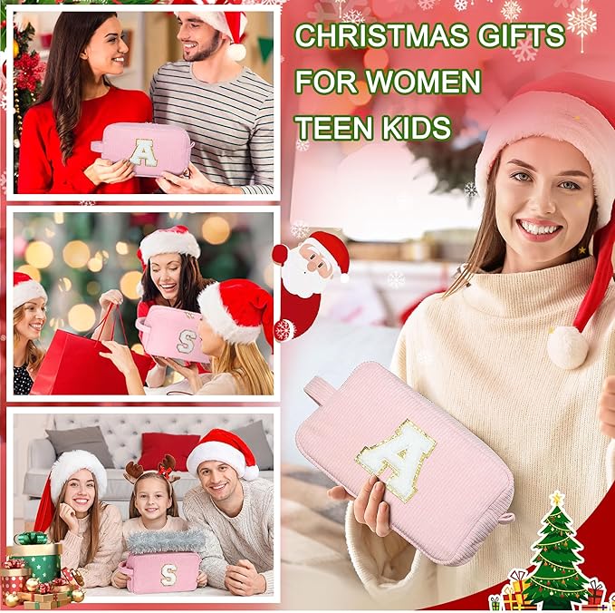 YOOLIFE Christmas Gifts for Teen Girls Kids - Birthday Gift for Girl Kid Christmas Gift for Grandkids, Monogram Cute Makeup Bag Teen Girl Daughter Birthday Gifts for Women Girls Pink Letter A