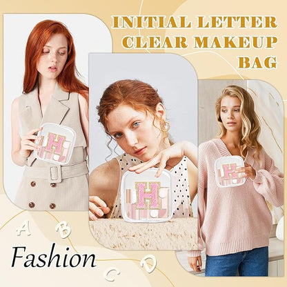 Personalized Initial Letter Clear Preppy Makeup Bag,Mini Nylon Chenille Letter Cosmetic Bag Cute Zipper Pouch Purse for Teen Girls,Portable TSA Approved Beach Travel Essentials Bag Gift for Women,H