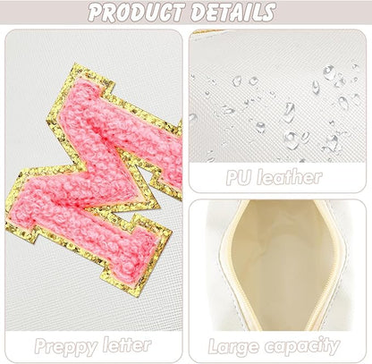 Initial Makeup Bag Personalized Preppy Travel Small Cosmetic Bag Cute PU White Chenille Letter Makeup Pouch for Purse Waterproof Zippered Toiletry Organizer for Women Girl Kid Friends (M)