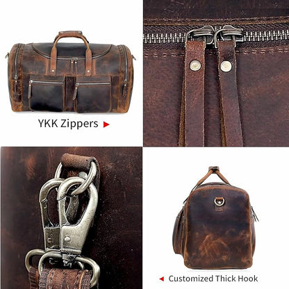 20" Vintage Duffel Classic Style with Modern Outlook Retro Thick Full Grain Cowhide Handmade Airplane Underseat Carry On Bags Leather Gym Overnight Luggage Bag