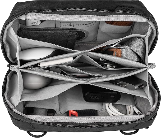 Peak Design Tech Pouch, Black, Electronics Organizer for Travel or Everyday Carry, Origami-Style Storage, Cable Pass-Through, Weatherproof Recycled Nylon, Gear Carry Bag for Men and Women