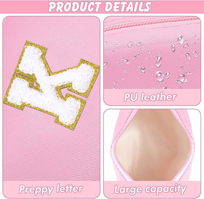 Initial Preppy Makeup Bag Travel Small Cosmetic Bag Cute Pink Personalized Preppy Makeup Pouch Zippered PU Toiletry Bag Christmas Birthday Gifts for Women Mom Teacher Friends(K)
