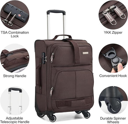 Hanke 20 Inch Softside Expandable Carry On Luggage with Spinner Wheels, Rolling Suitcase Travel Luggage with TSA Approved Luggage,Coffee