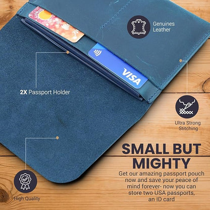 Leather Passport Holder with Travel Wallet, Genuine Leather Passport Cover- Passport Wallet, Leather Folding Wallet for Passports (Strap, Blue)
