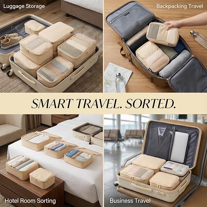 Compression Packing Cubes for Travel, 6-Piece Set (L/M/S), Double-Zip Luggage Organizers with Mesh Panels, Space-Saving Clothes Storage Bags for Suitcase & Carry-On (6 Pack, Mist Khaki)