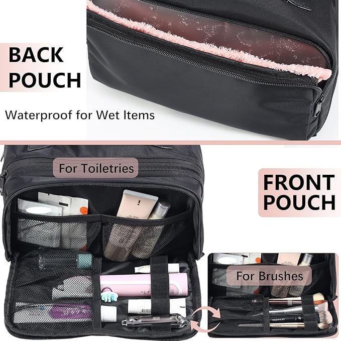 Travel Makeup Bag Large Capacity Cosmetic Organizer Bag for Women,Flat-Opening Make Up Case Travel Bag Waterproof Toiletry Bag for traveling,Toiletries,Essentials,Accessories,Black