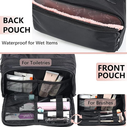 Travel Makeup Bag Large Capacity Cosmetic Organizer Bag for Women,Flat-Opening Make Up Case Travel Bag Waterproof Toiletry Bag for traveling,Toiletries,Essentials,Accessories,Black