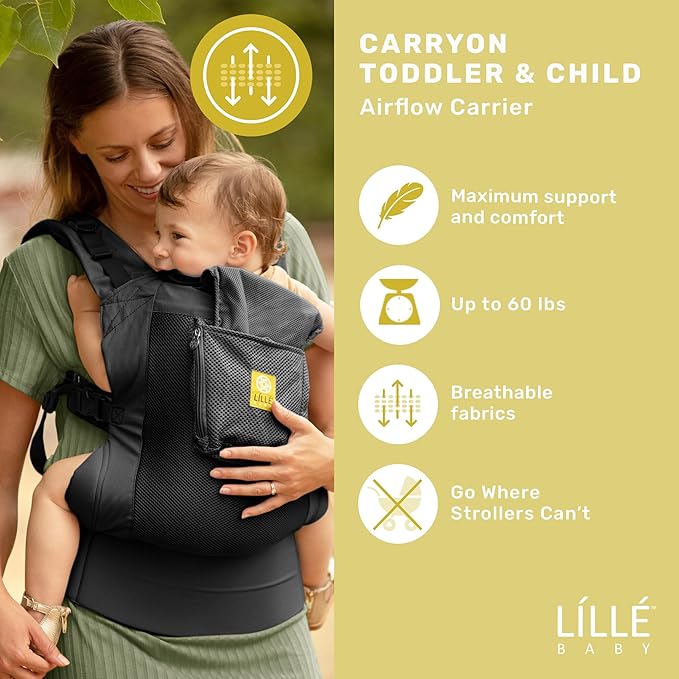 LÍLLÉbaby 3-in-1 Ergonomic CarryOn Airflow Toddler Carrier with Lumbar Support & Breathable Mesh Lining (25-60 lbs), Supportive & Comfortable, Multi-Position Carrying for Hiking & Travel (Black)